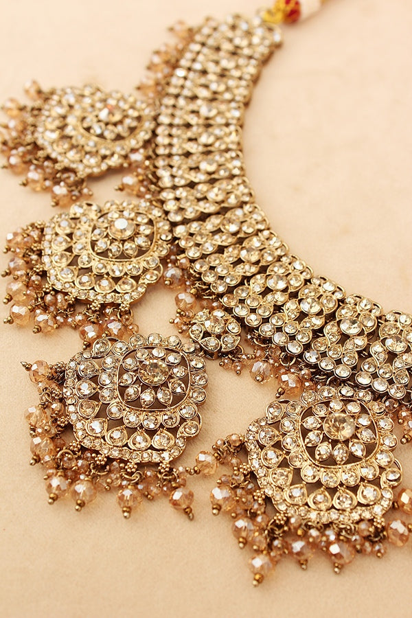 Rani Style Bridal Necklace Set With Golden Stones And Crystal Beads (BS009-Golden)