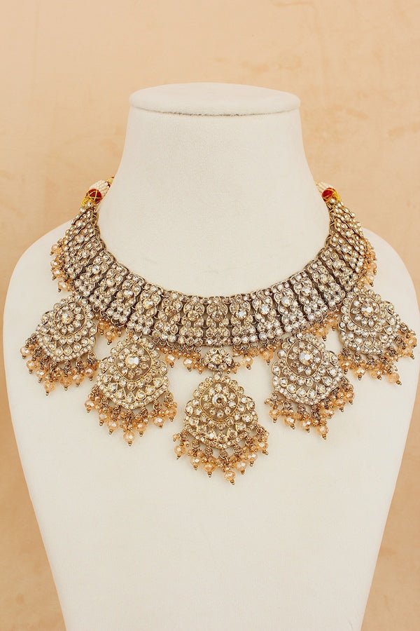 Rani Style Bridal Necklace Set With Golden Stones And Crystal Beads (BS009-Golden)
