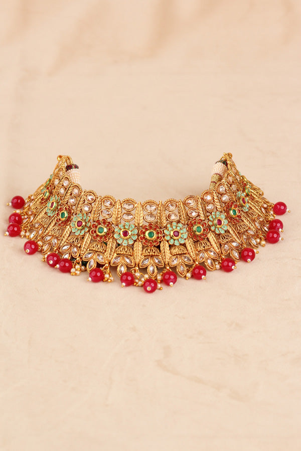Red Gold Polish Polki Statement Choker With Jhumka Earring And Tikka (CS004-Polki-B2)