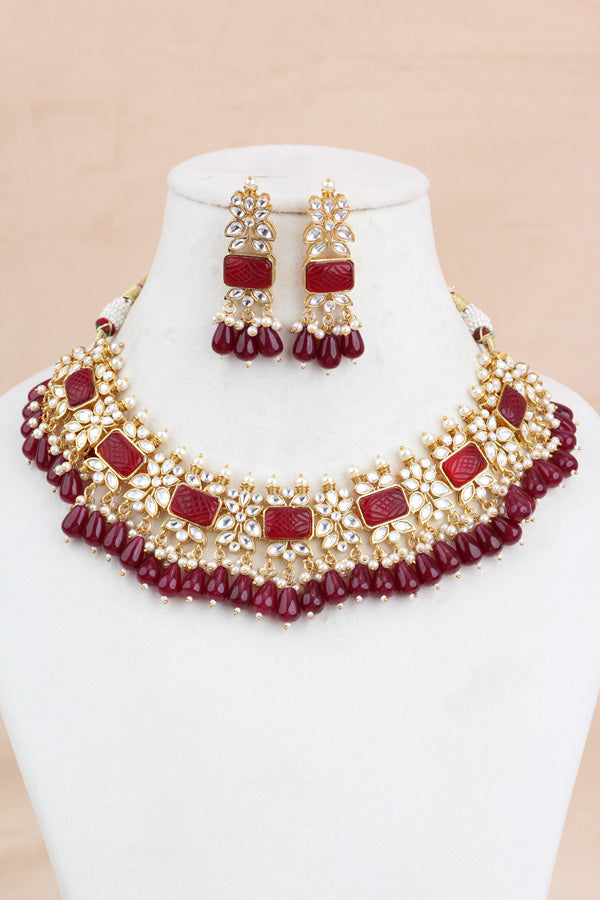Red Kundan Necklace Set With Matching Earrings And Tikka (IGNK011)