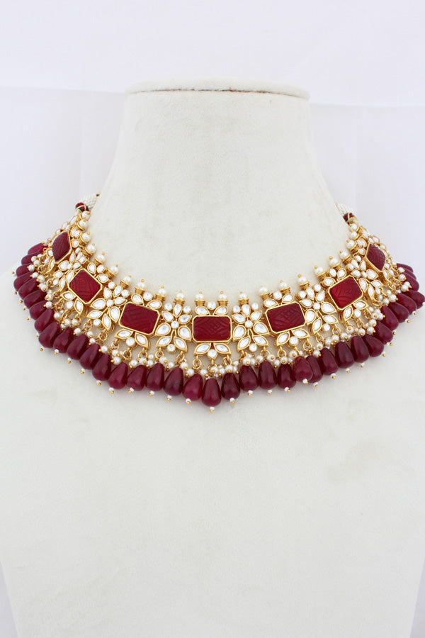 Red Kundan Necklace Set With Matching Earrings And Tikka (IGNK011)