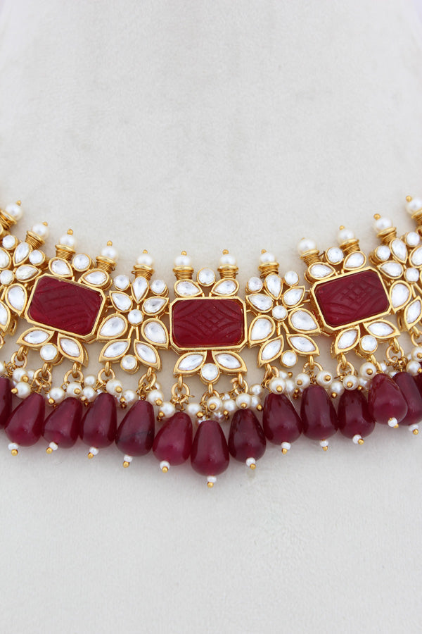 Red Kundan Necklace Set With Matching Earrings And Tikka (IGNK011)