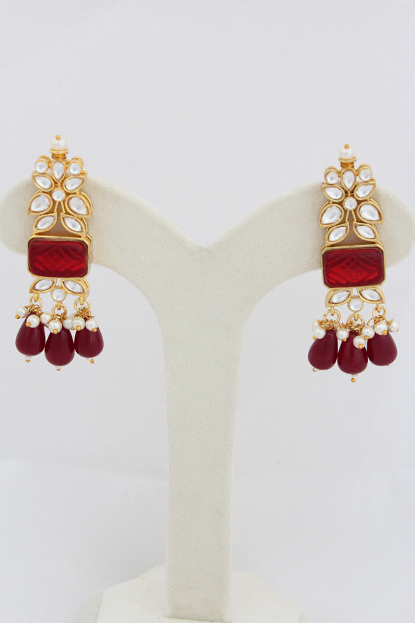 Red Kundan Necklace Set With Matching Earrings And Tikka (IGNK011)