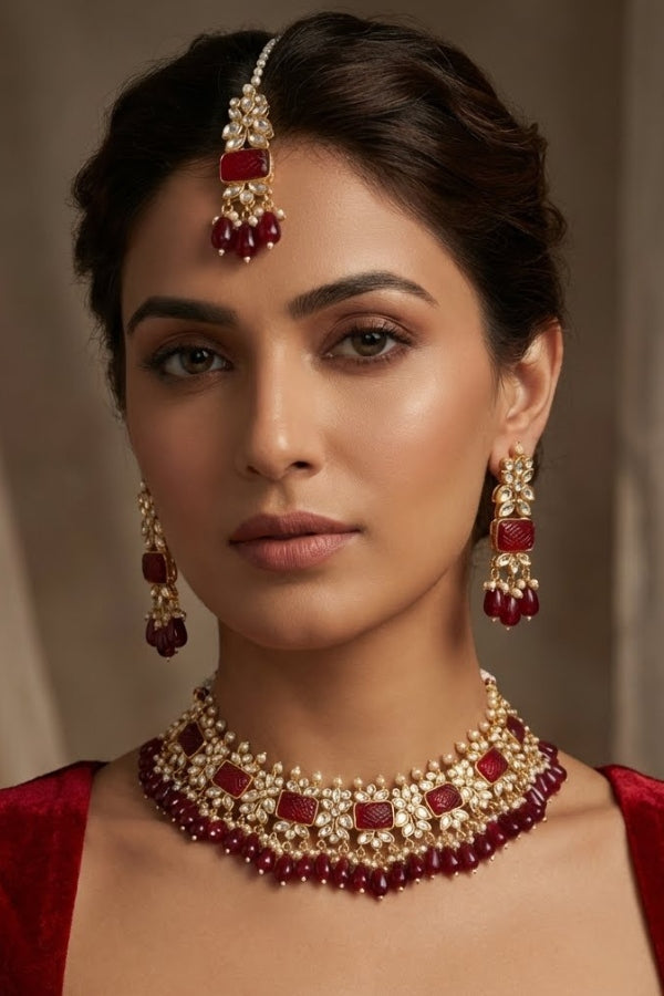 Red Kundan Necklace Set With Matching Earrings And Tikka (IGNK011)