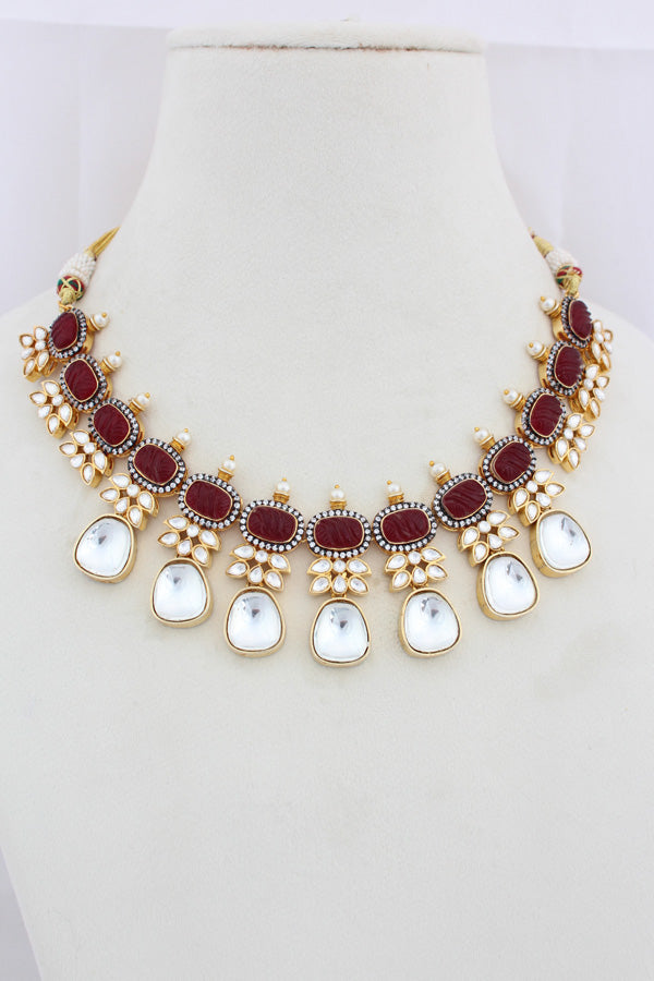 Red Necklace In Kundan With Earrings And Tikka (IGNK007)
