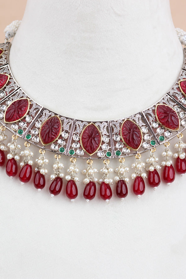 Red Silver Polish Kundan Necklace Set With Earrings And Tikka(IGNK010)