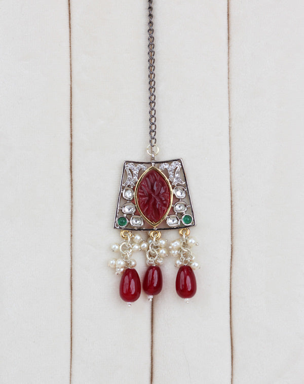 Red Silver Polish Kundan Necklace Set With Earrings And Tikka(IGNK010)