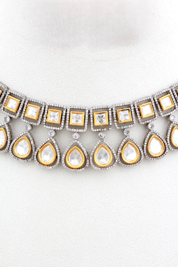 Rhodium Kundan Necklace Set With Gold And Silver Polish With Matching Earrings(NK014R-Kundan)