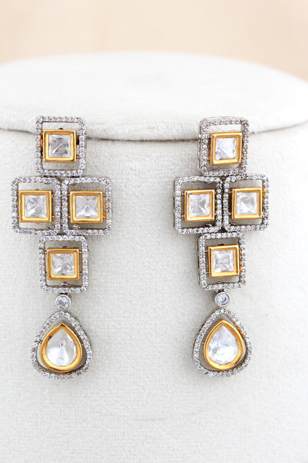 Rhodium Kundan Necklace Set With Gold And Silver Polish With Matching Earrings(NK014R-Kundan)