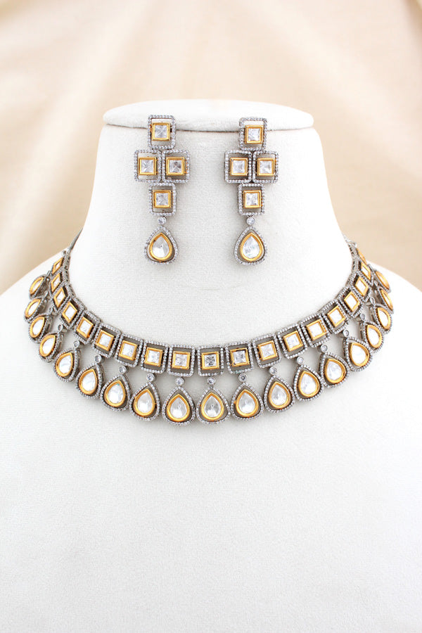 Rhodium Kundan Necklace Set With Gold And Silver Polish With Matching Earrings(NK014R-Kundan)