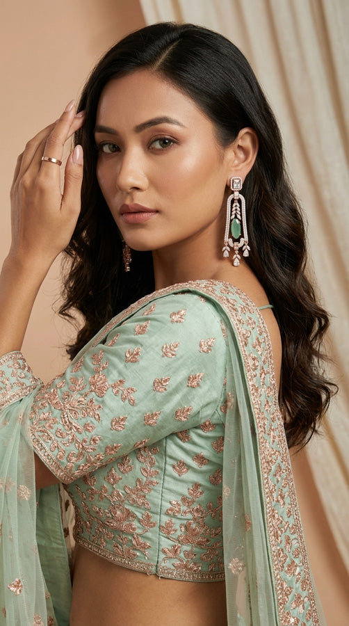 Rose Gold Polish Long And Slim American Diamonds Earrings With Mint Green Colour Center Stone (ADE014-MG)