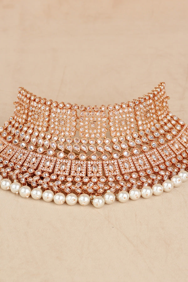 Rose Gold Polish Polki Choker Set With Large White Pearls And Earrings Also Tikka (CS006-Polki-B2)