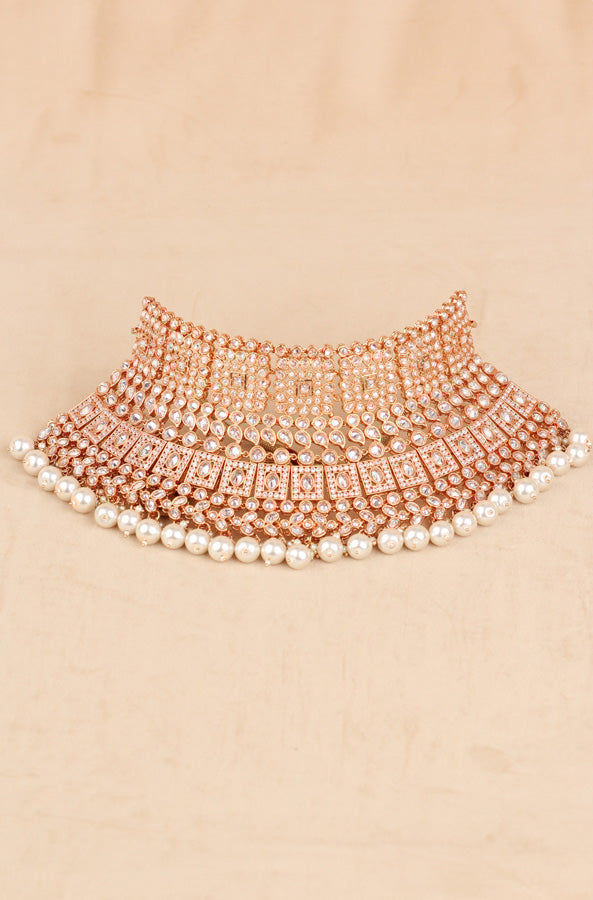 Rose Gold Polish Polki Choker Set With Large White Pearls And Earrings Also Tikka (CS006-Polki-B2)