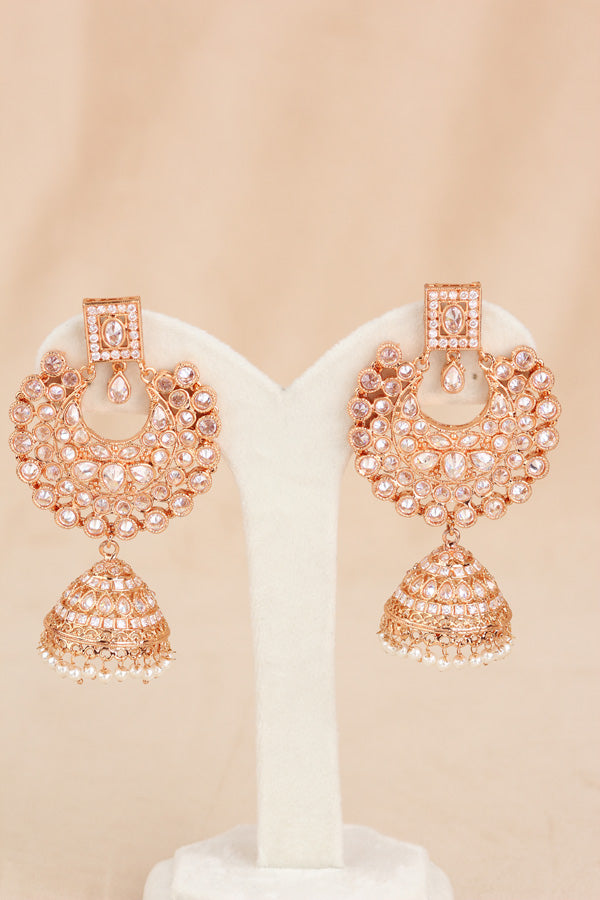 Rose Gold Polish Polki Choker Set With Large White Pearls And Earrings Also Tikka (CS006-Polki-B2)