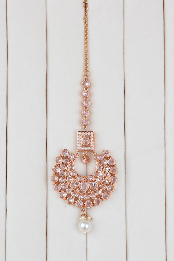 Rose Gold Polish Polki Choker Set With Large White Pearls And Earrings Also Tikka (CS006-Polki-B2)