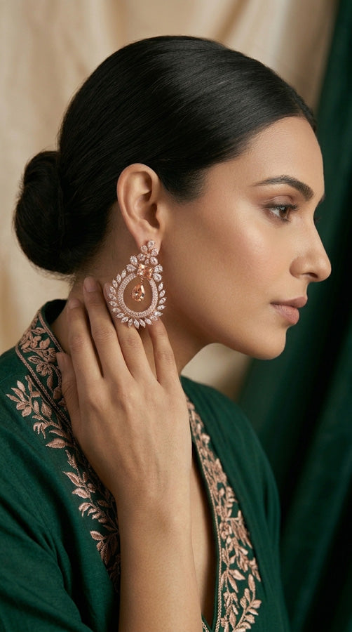 Rose Gold Polish Statement Earrings With Copper Colour Center Stone (ADE017)