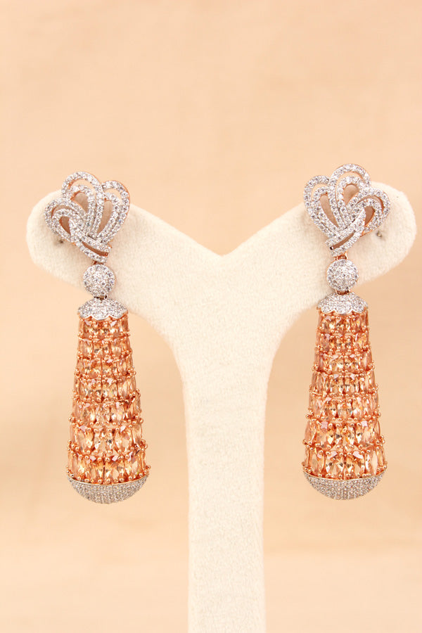 Rose Gold Polish Tapered Chandelier Earrings With Drops And Copper Colour Stones (ADE021)