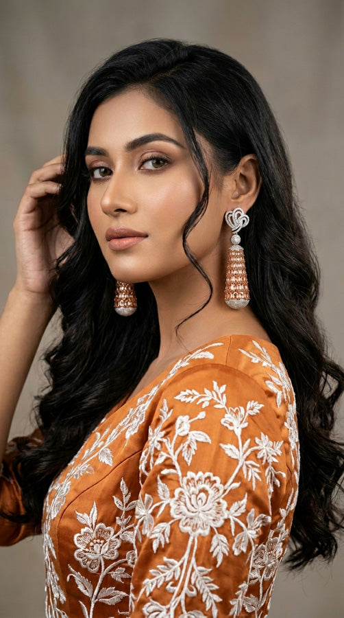 Rose Gold Polish Tapered Chandelier Earrings With Drops And Copper Colour Stones (ADE021)