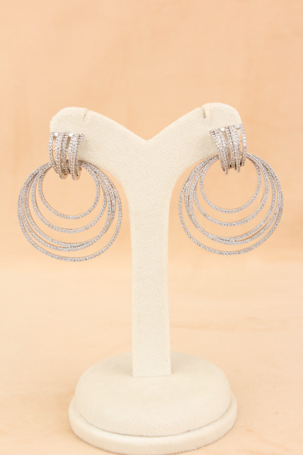 Round Hoop Dangler Earrings With Small American Diamonds In Silver Polish (ADE009)