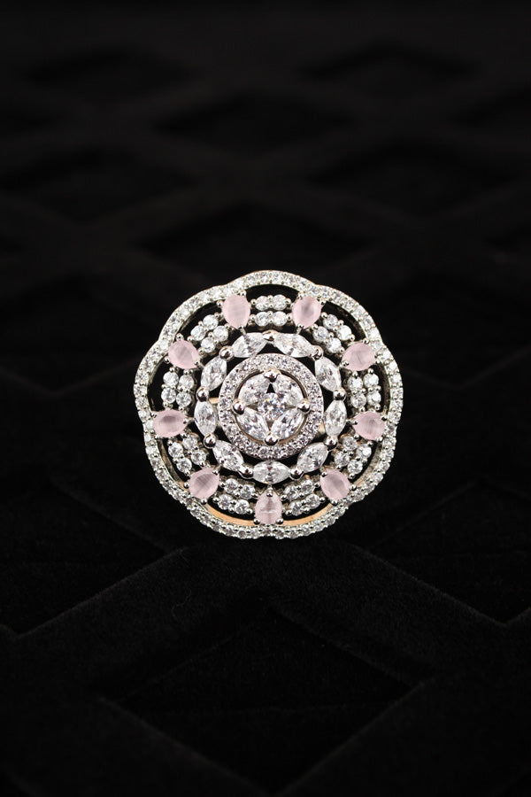 Round Shape American Diamond Ring In Premium Quality And Adjustable With Pink Stones (ADR008-P)