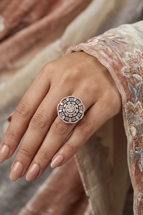 Round Shape American Diamond Ring In Premium Quality And Adjustable With Rose Gold Stones (ADR008-RG)