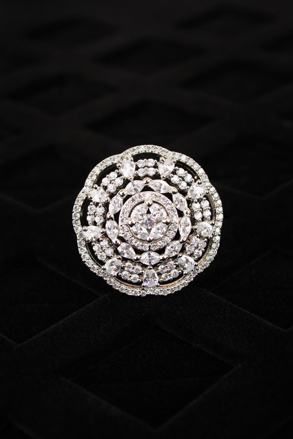 Round Shape American Diamond Ring In Premium Quality And Adjustable With Silver Stones (ADR008-S)