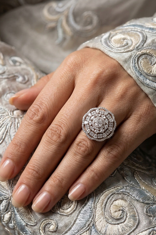 Round Shape American Diamond Ring In Premium Quality And Adjustable With Silver Stones (ADR008-S)