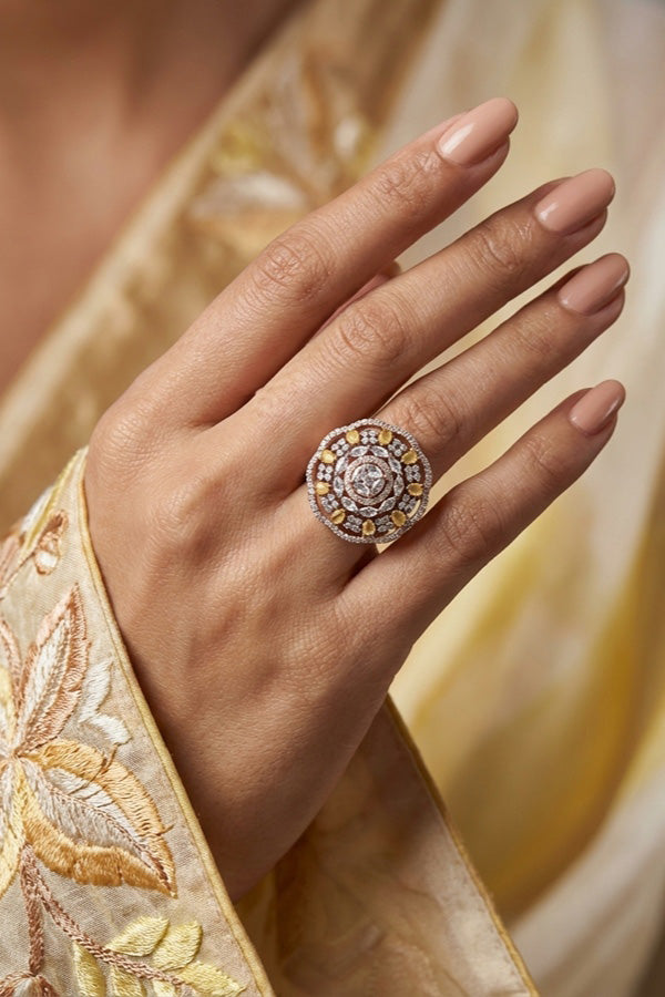 Round Shape American Diamond Ring In Premium Quality And Adjustable With Yellow Stones (ADR008-Y)