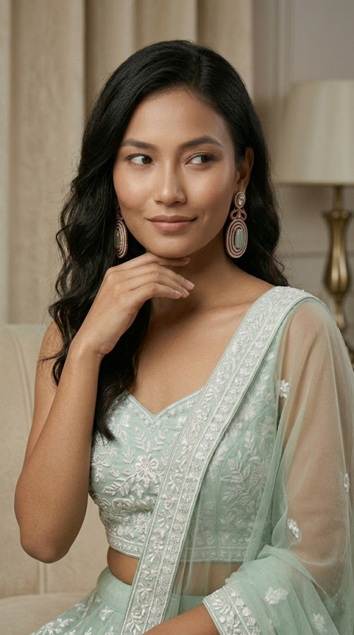 Short Gold Polish Danglers With Center Mint Green Colour Stones (ADE012-MG)
