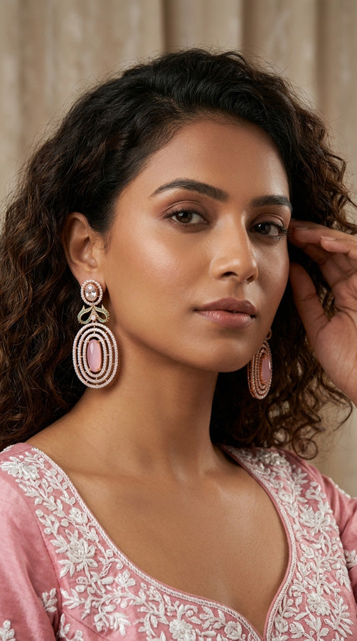 Short Gold Polish Danglers With Center Pink Colour Stones (ADE012-P)