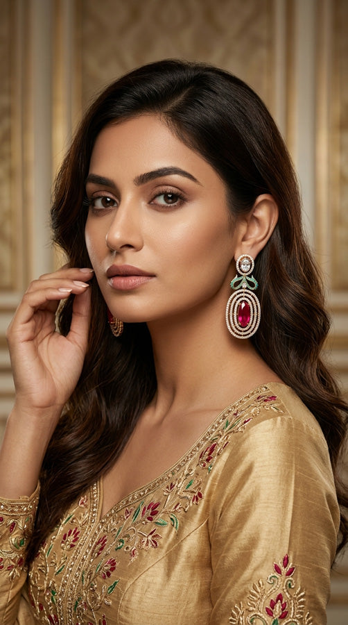 Short Gold Polish Danglers With Center Ruby Colour Stones (ADE012-RU)