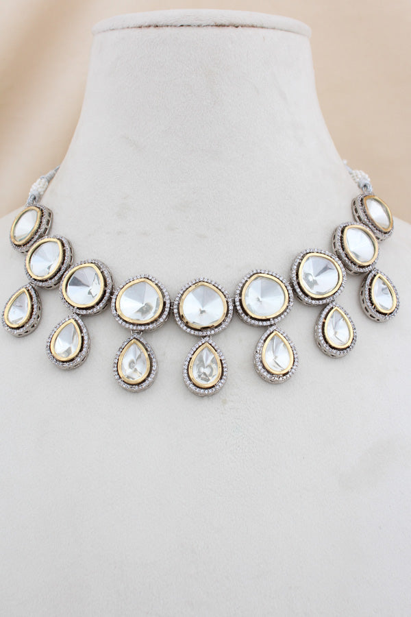 Silver And Gold Polish Kundan Necklace Set With Earrings(NK017-Kundan)