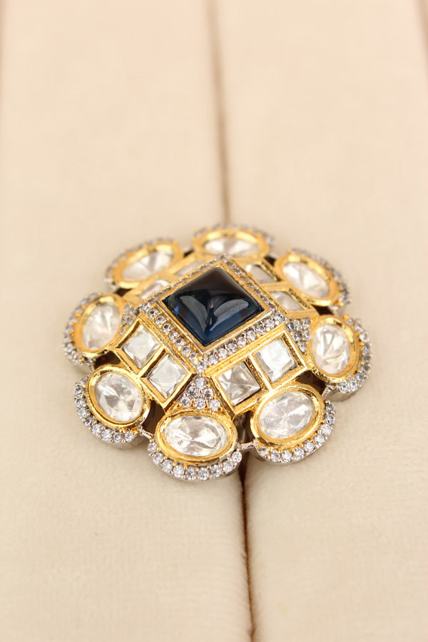 Silver Plated Quality Kundan Ring With Flower Design And Blue Colour Center Stone And Small American Diamonds (KR013-B)