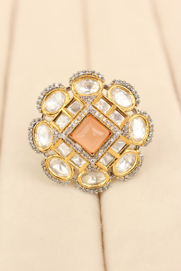 Silver Plated Quality Kundan Ring With Flower Design And Peach Colour Center Stone And Small American Diamonds (KR013-PE)