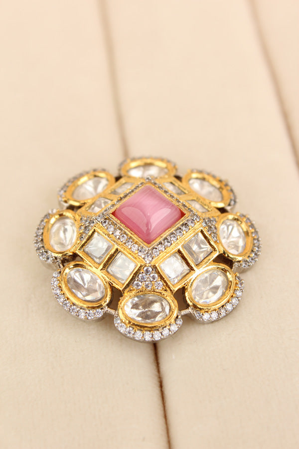 Silver Plated Quality Kundan Ring With Flower Design And Pink Colour Center Stone And Small American Diamonds (KR013-P)