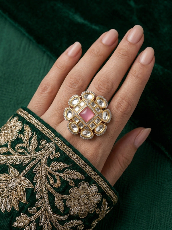 Silver Plated Quality Kundan Ring With Flower Design And Pink Colour Center Stone And Small American Diamonds (KR013-P)