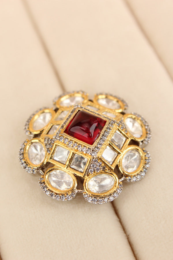 Silver Plated Quality Kundan Ring With Flower Design And Red Colour Center Stone And Small American Diamonds (KR013-R)