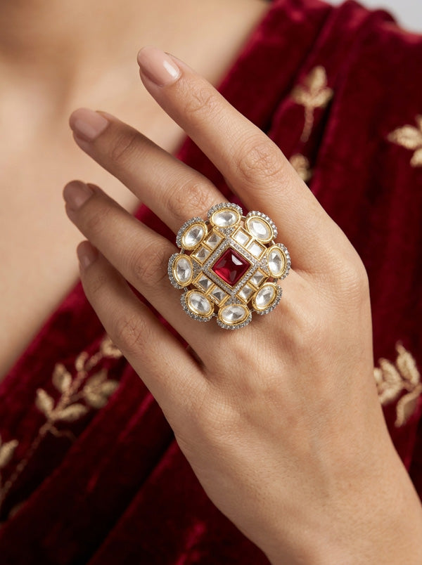 Silver Plated Quality Kundan Ring With Flower Design And Red Colour Center Stone And Small American Diamonds (KR013-R)