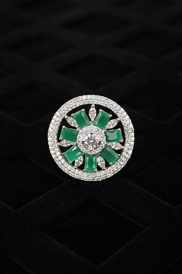 Silver Polish American Diamond Adjustable Ring With Small Flower Design And Green Stones (ADR005-G)