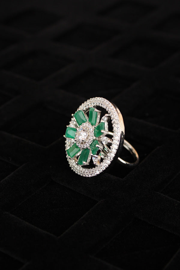 Silver Polish American Diamond Adjustable Ring With Small Flower Design And Green Stones (ADR005-G)