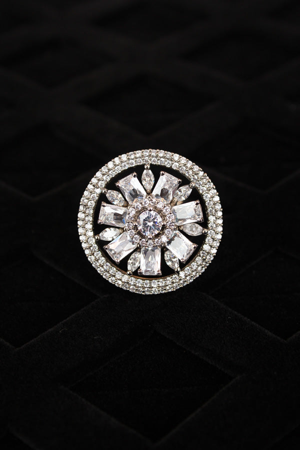 Silver Polish American Diamond Adjustable Ring With Small Flower Design And Silver Stones (ADR005-S)