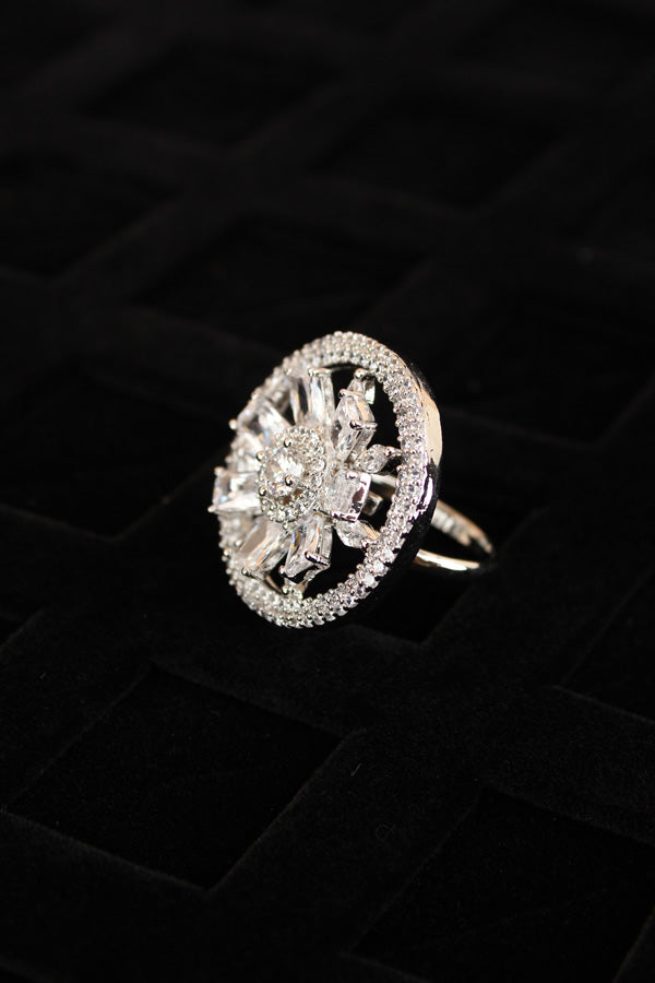 Silver Polish American Diamond Adjustable Ring With Small Flower Design And Silver Stones (ADR005-S)