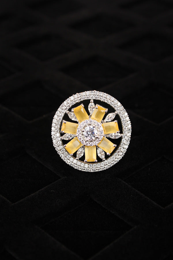Silver Polish American Diamond Adjustable Ring With Small Flower Design And Yellow Stones (ADR005-Y)