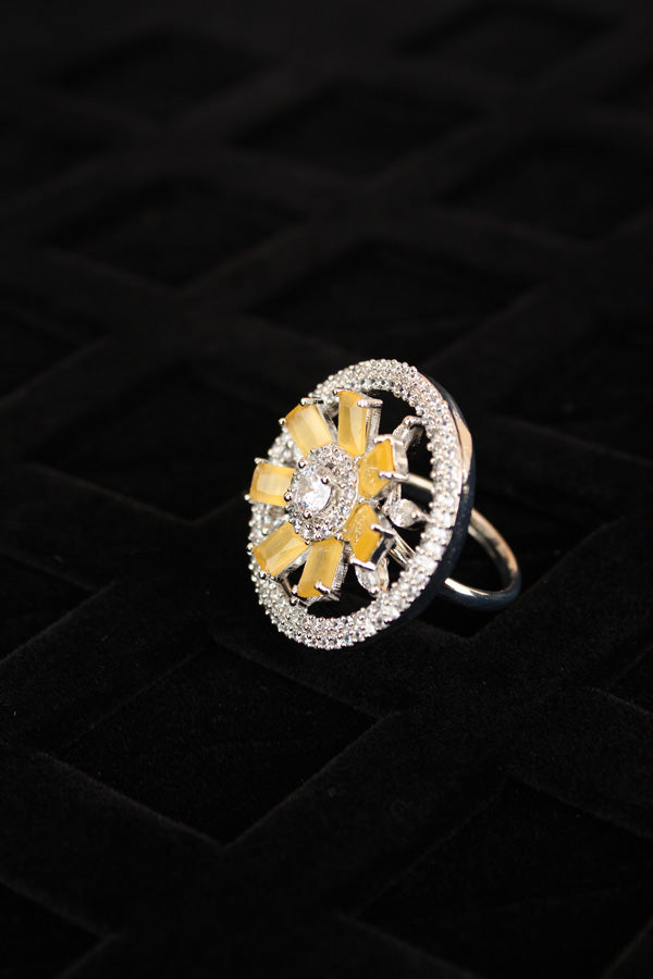 Silver Polish American Diamond Adjustable Ring With Small Flower Design And Yellow Stones (ADR005-Y)