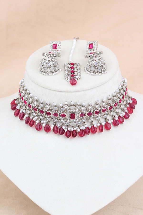 Silver Polish Choker Set With Ruby Red Stones And Flat Pearls Also With Jhumka Earrings And Small Tikka (CS019-RU-Polki-B3)
