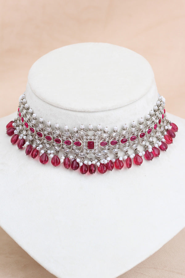 Silver Polish Choker Set With Ruby Red Stones And Flat Pearls Also With Jhumka Earrings And Small Tikka (CS019-RU-Polki-B3)