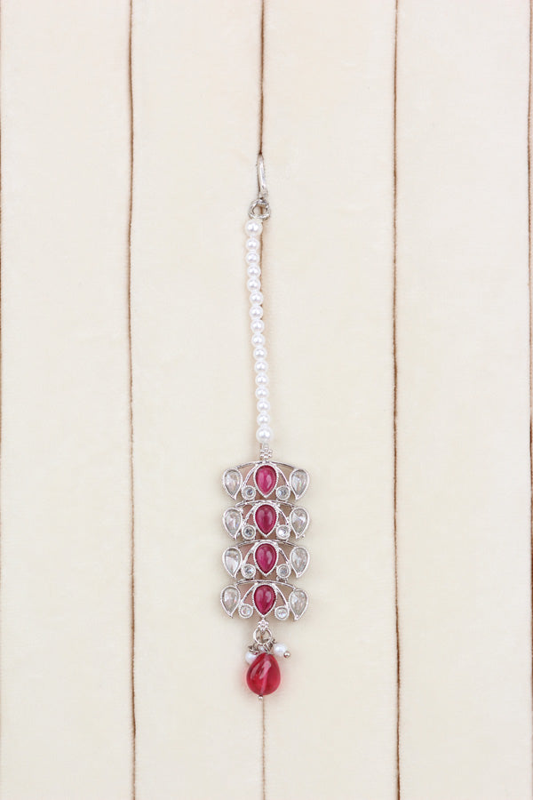 Silver Polish Choker Set With Ruby Red Stones And Flat Pearls Also With Jhumka Earrings And Small Tikka (CS019-RU-Polki-B3)