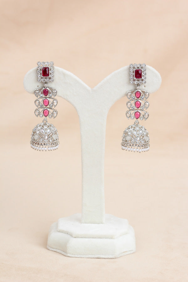Silver Polish Choker Set With Ruby Red Stones And Flat Pearls Also With Jhumka Earrings And Small Tikka (CS019-RU-Polki-B3)
