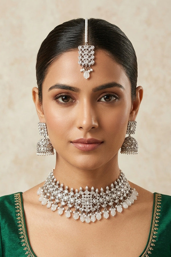 Silver Polish Choker Set With Silver Stones And Flat Pearls Also With Jhumka Earrings And Small Tikka (CS019-S-Polki-B3)