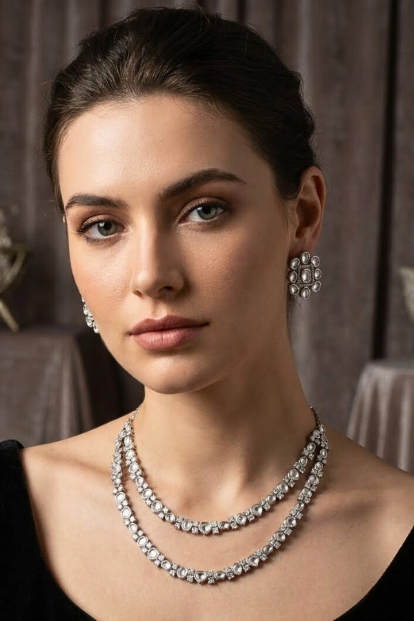 Silver Polish Kundan Necklace Set In Double Layer And Small Studs (NK024S-Kundan)